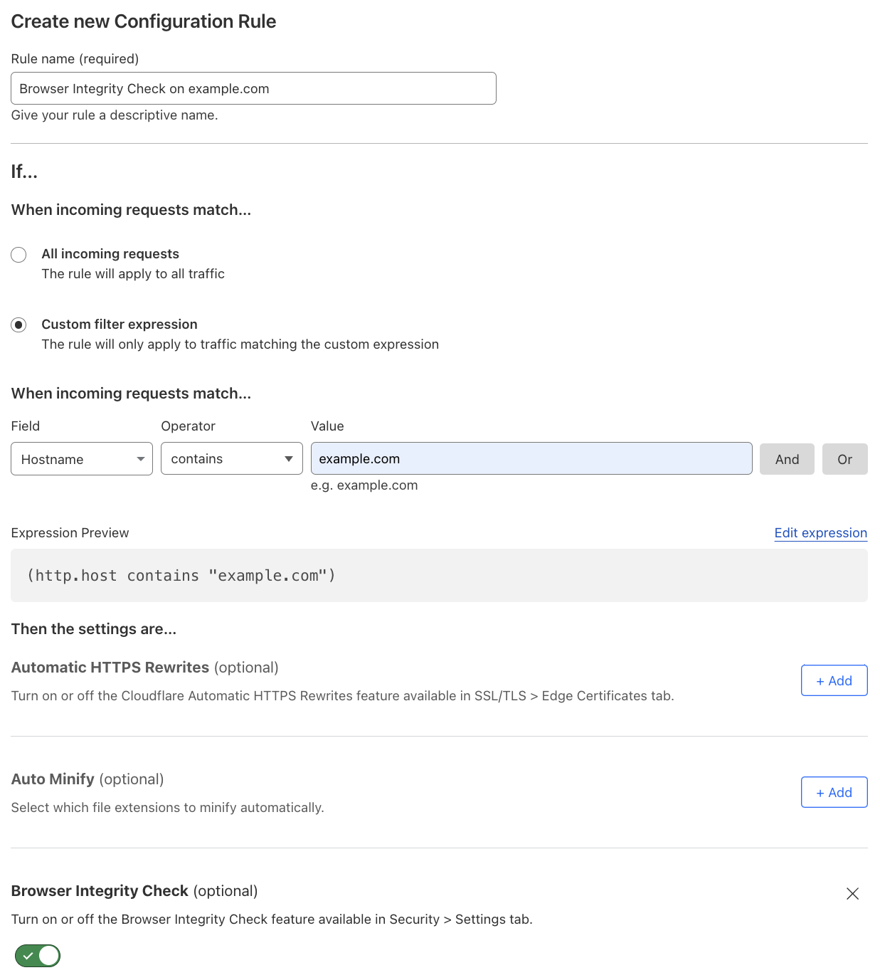 Configuration rule matching the ‘Browser Integrity Check’ setting of the example Page Rule