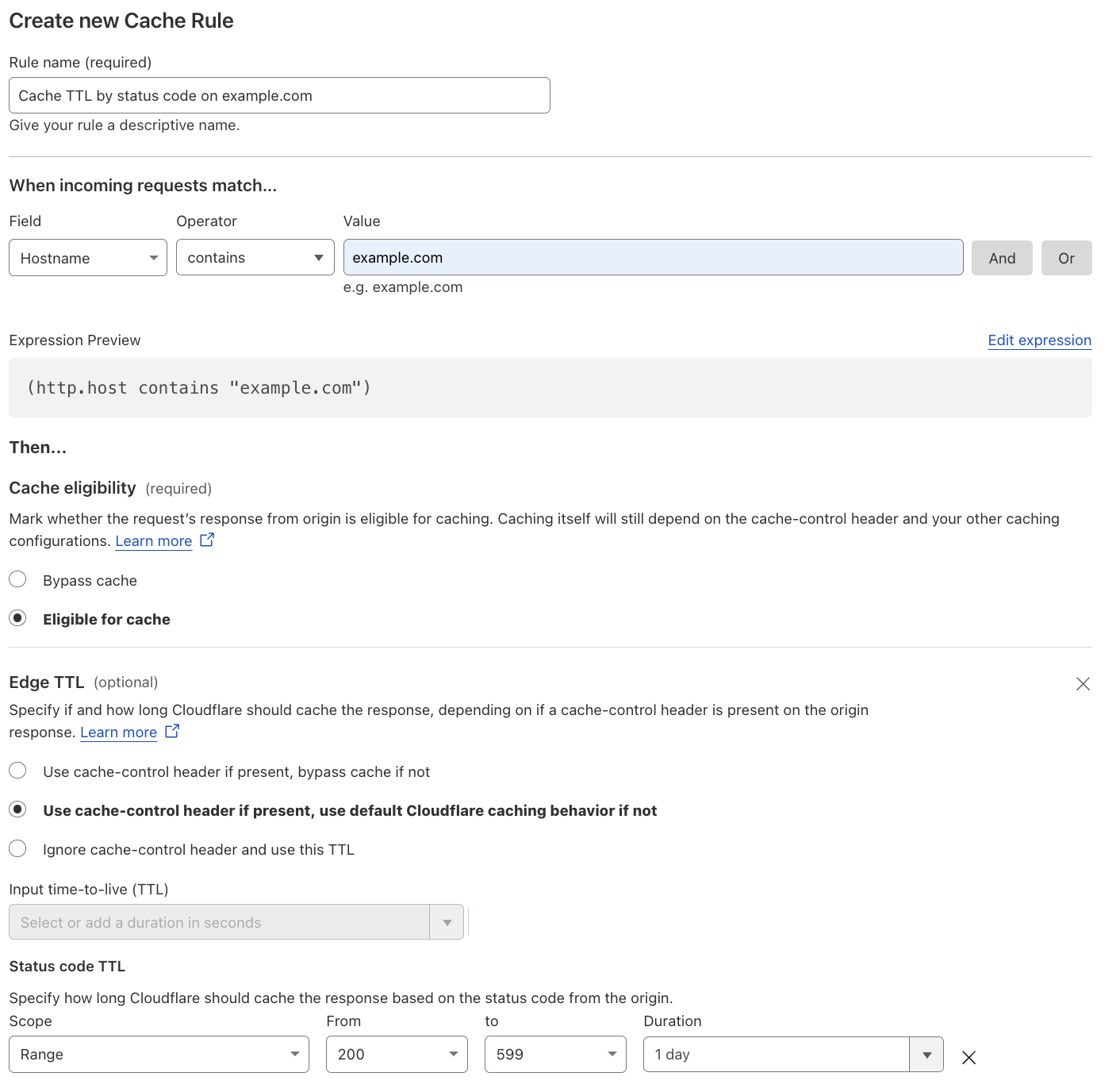 Cache rule matching the ‘Cache TTL by status code’ setting of the example Page Rule